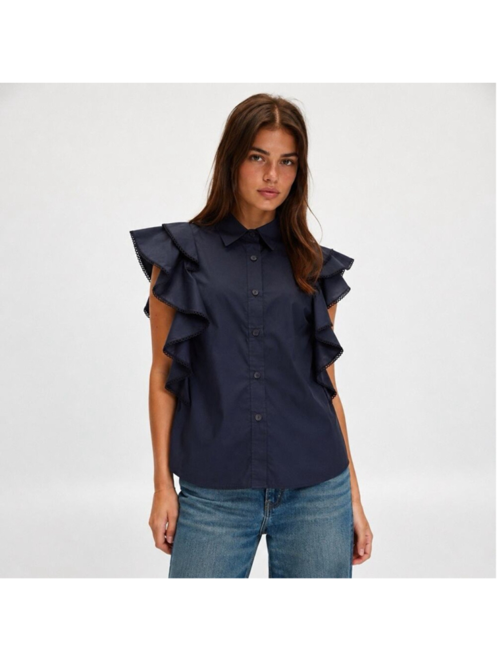 Pearl Lela Rose Poplin Cotton Flutter Sleeve Navy Minimalist Blouse Top XS
